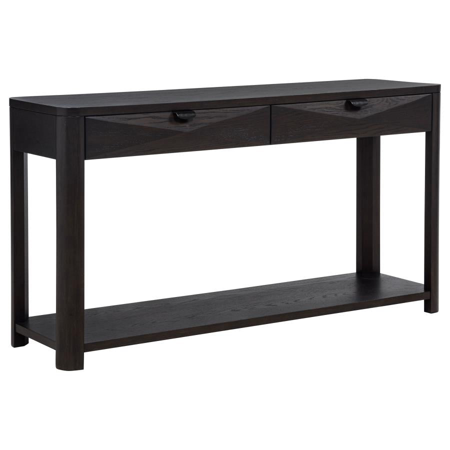 Black wood console table with two top drawers, open shelf, and sturdy legs on white background.