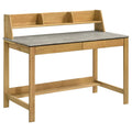Natural oak wood writing desk with cement gray top, dual drawers, and upper compartmented shelf storage.