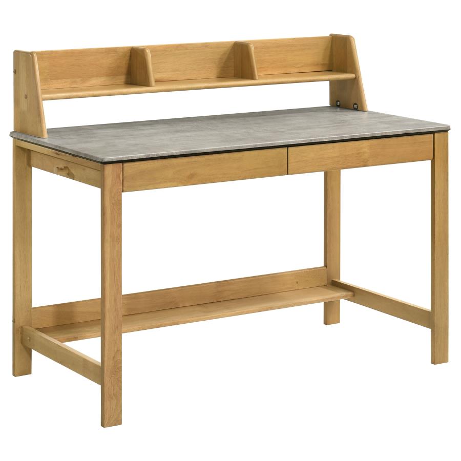 Natural oak wood writing desk with cement gray top, dual drawers, and upper compartmented shelf storage.