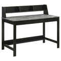 Black wooden desk with grey stone top and upper storage compartments, featuring open shelving and modern minimalist design.