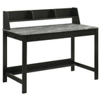 Black wooden desk with grey stone top and upper storage compartments, featuring open shelving and modern minimalist design.