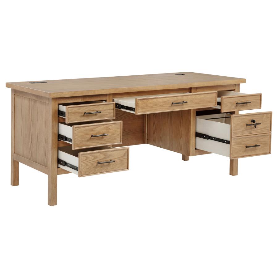 Home & Sleep Outlet - Vermes 66-inch 7-drawer Computer Desk with Power Outlet Light Ash