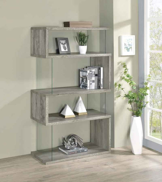 Emelle 63-inch 4-shelf Glass Panel Bookshelf Grey Driftwood