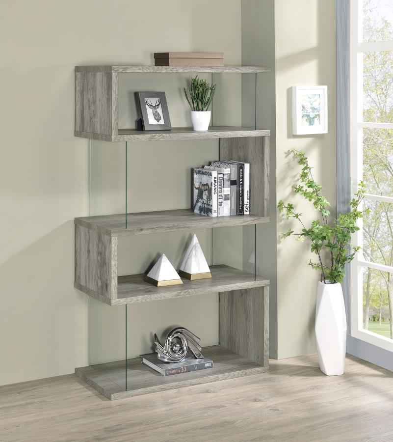 Emelle 63-inch 4-shelf Glass Panel Bookshelf Grey Driftwood
