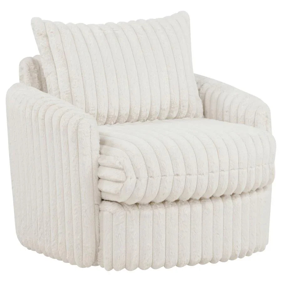 Ivory corduroy swivel accent chair with ribbed vertical quilting and curved armrests from Coaster Furniture.