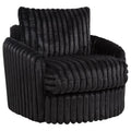 Black corduroy swivel accent armchair with ribbed upholstery and rounded silhouette