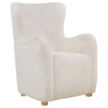 Ivory faux fur wingback lounge chair with curved arms and natural wood legs on white background.