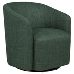 Green fabric upholstered swivel accent chair with curved barrel design and black base by Coaster Furniture.