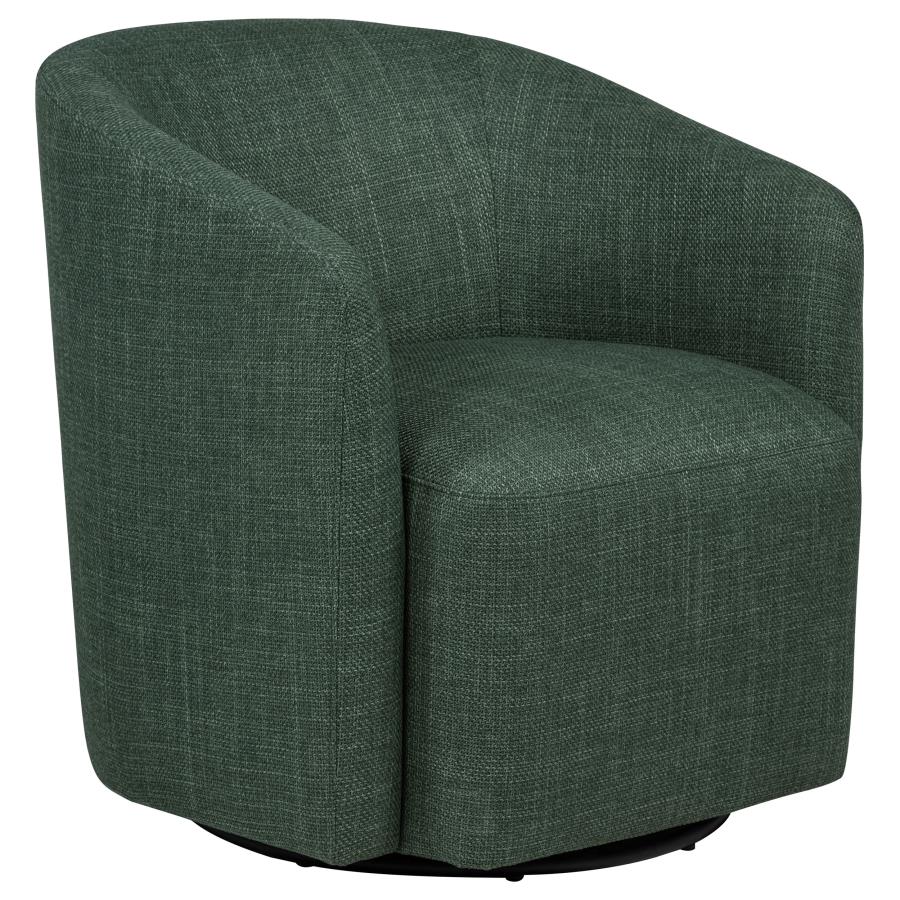 Green fabric upholstered swivel accent chair with curved barrel design and black base by Coaster Furniture.
