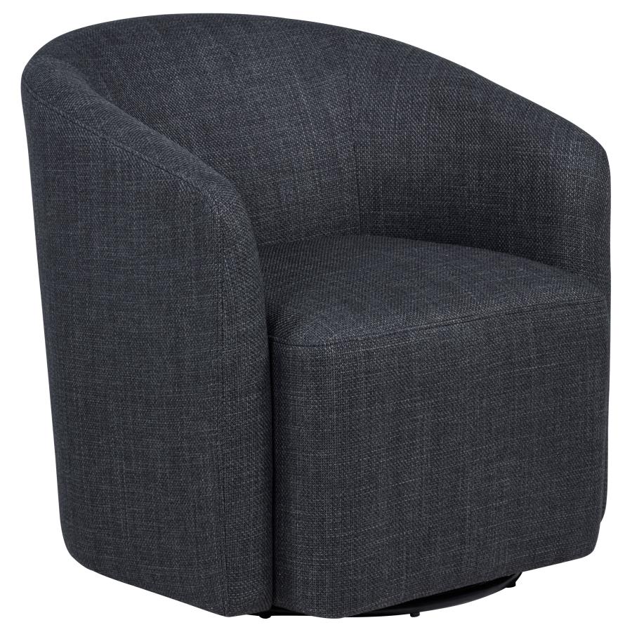 Anthracite upholstered swivel accent chair with curved barrel design and rounded armrests.