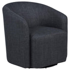Anthracite upholstered swivel accent chair with curved barrel design and rounded armrests.