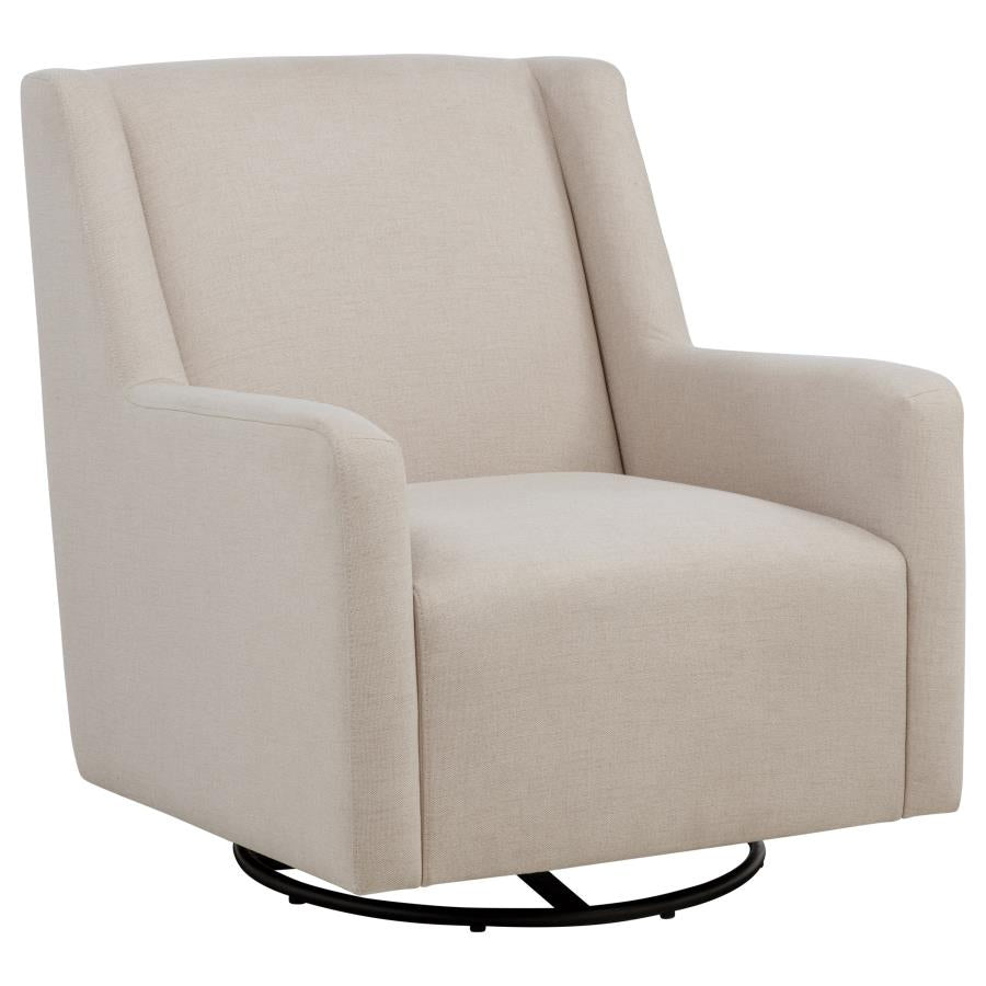 Cream-colored upholstered swivel glider chair with curved armrests and black curved base.