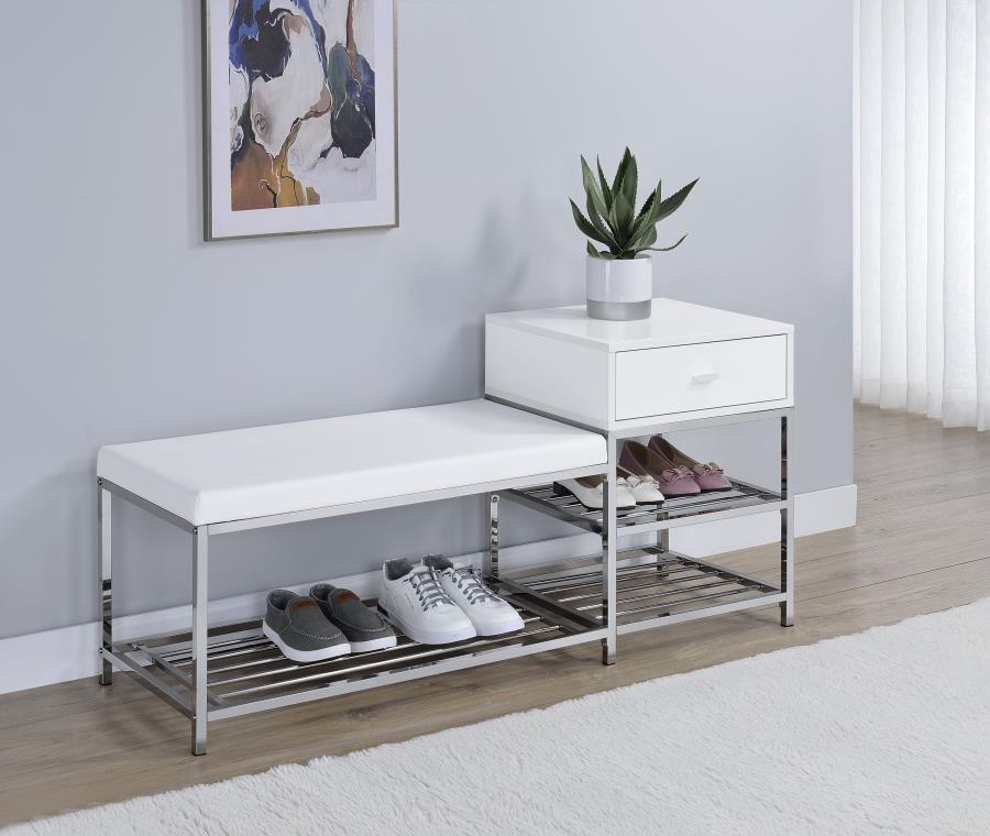 Home & Sleep Outlet - Siega 1-Drawer Shoe Storage Entryway Bench White High Gloss and Chrome