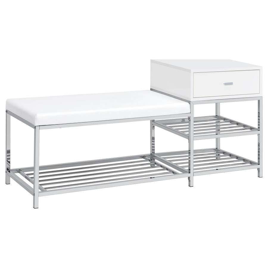 Home & Sleep Outlet - Siega 1-Drawer Shoe Storage Entryway Bench White High Gloss and Chrome