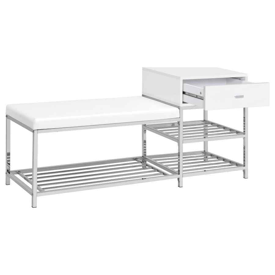 Siega 1-Drawer Shoe Storage Entryway Bench White High Gloss and Chrome