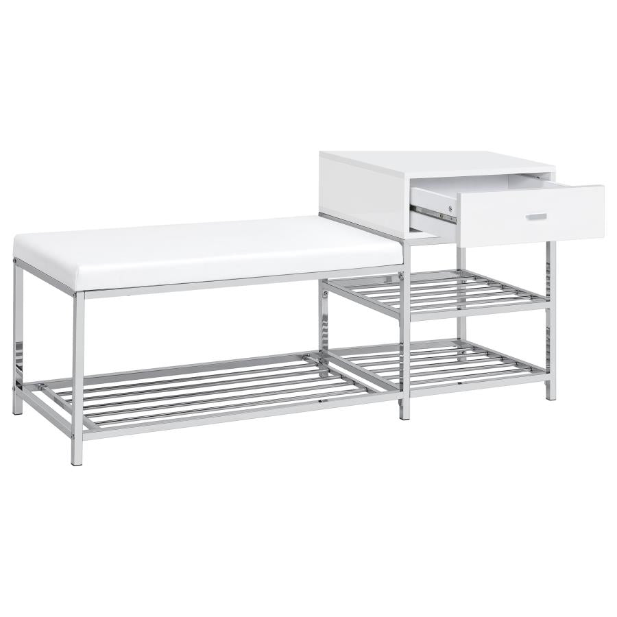 Home & Sleep Outlet - Siega 1-Drawer Shoe Storage Entryway Bench White High Gloss and Chrome