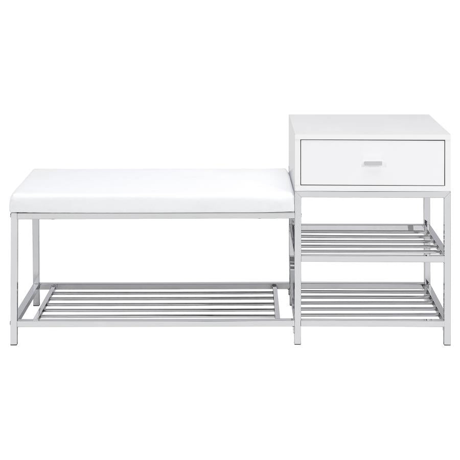 Home & Sleep Outlet - Siega 1-Drawer Shoe Storage Entryway Bench White High Gloss and Chrome