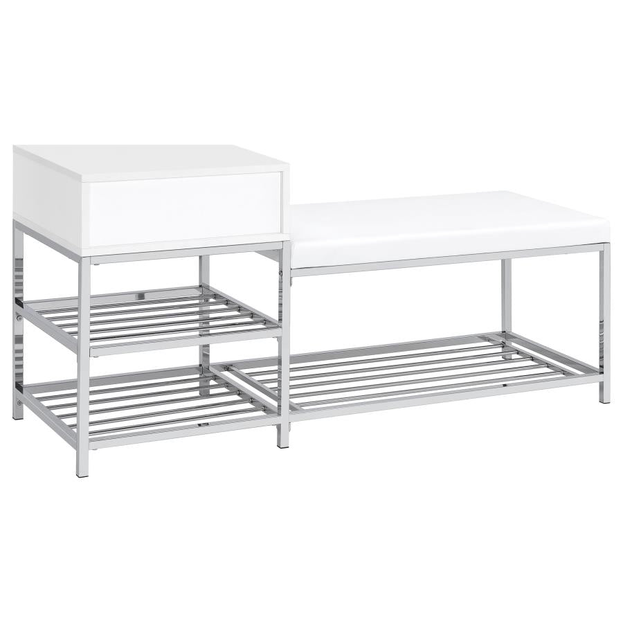 Home & Sleep Outlet - Siega 1-Drawer Shoe Storage Entryway Bench White High Gloss and Chrome