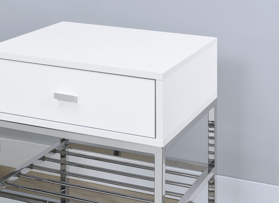 Home & Sleep Outlet - Siega 1-Drawer Shoe Storage Entryway Bench White High Gloss and Chrome