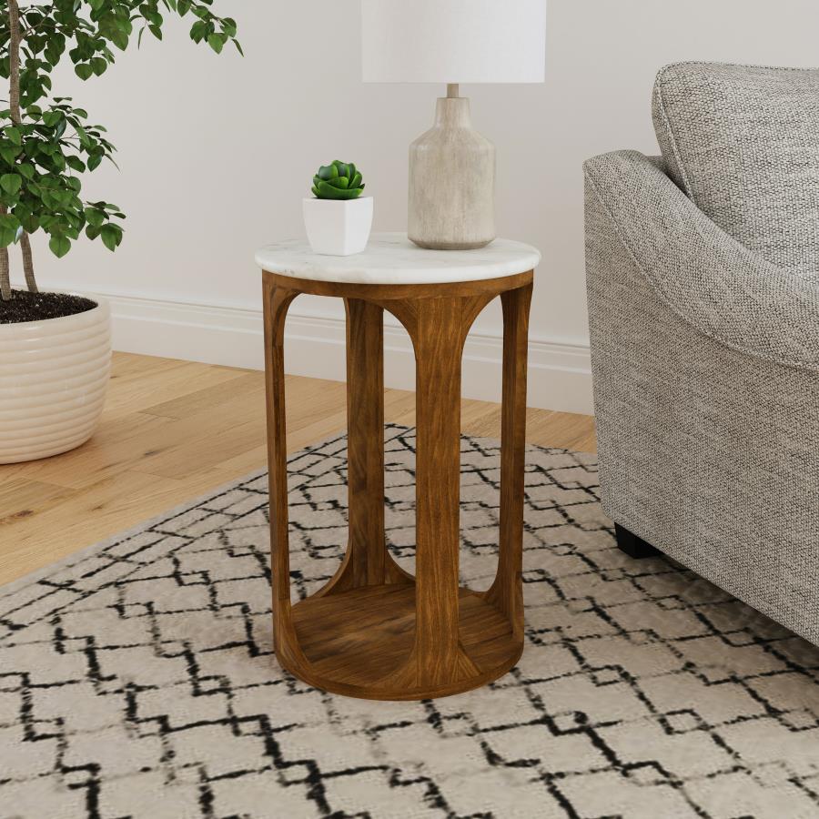 Home & Sleep Outlet - Berkeley Round Marble Top Side Table White and Brown