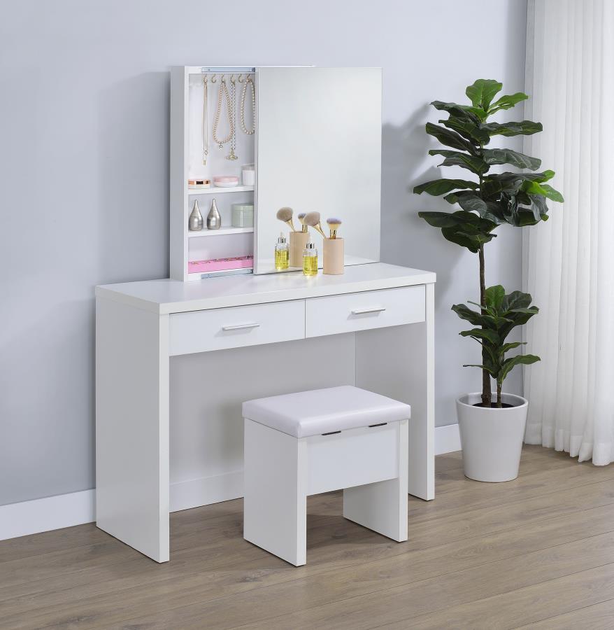 Home & Sleep Outlet - Bunbury Makeup Vanity Table Set Storage Mirror and Stool White