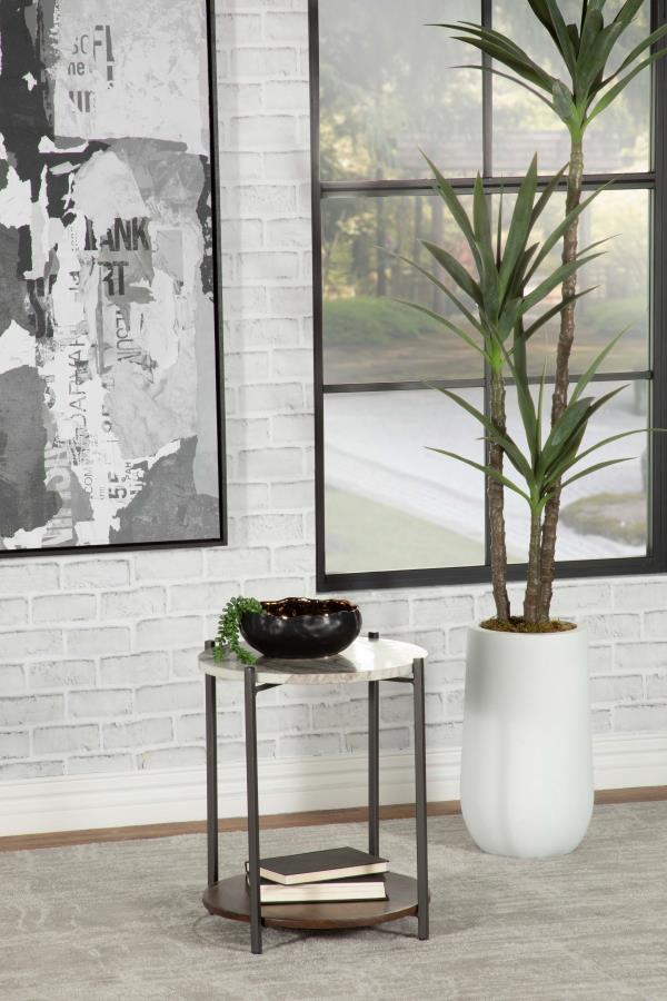 Home & Sleep Outlet - Noemie Round Marble Top Accent Side Table White and Gunmetal