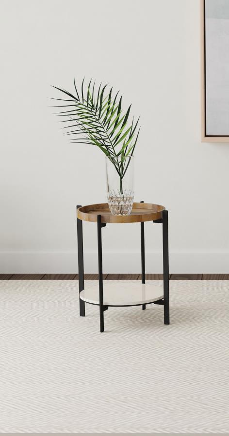 Home & Sleep Outlet - Adhvik Round End Side Table Marble Shelf Natural and Black