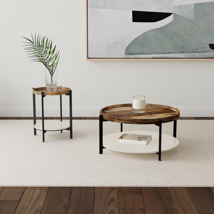 Home & Sleep Outlet - Adhvik Round End Side Table Marble Shelf Natural and Black