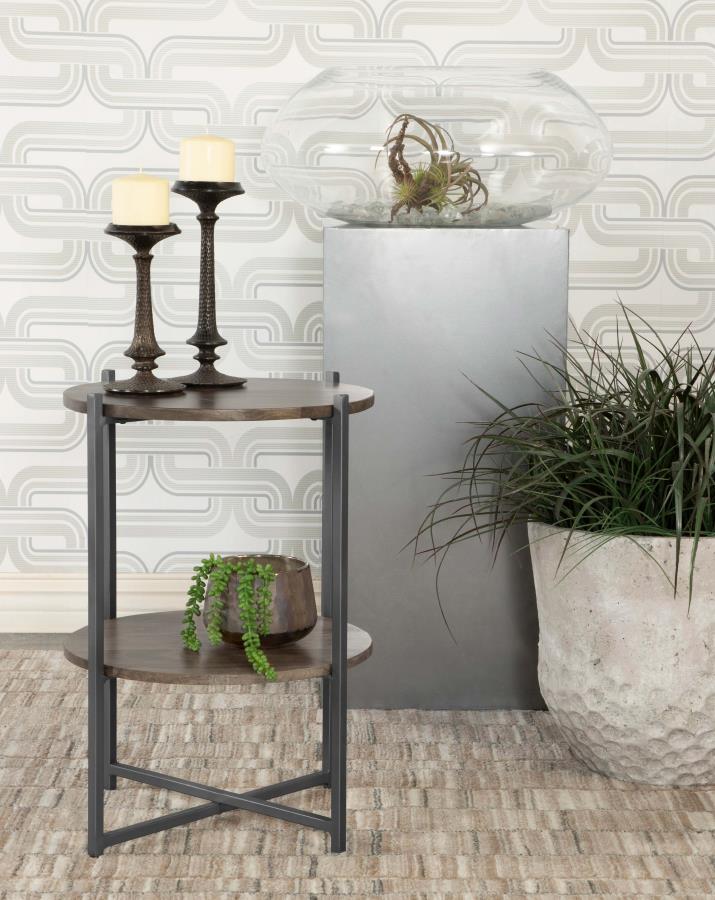 Home & Sleep Outlet - Axel Round Accent Table with Open Shelf Natural and Gunmetal