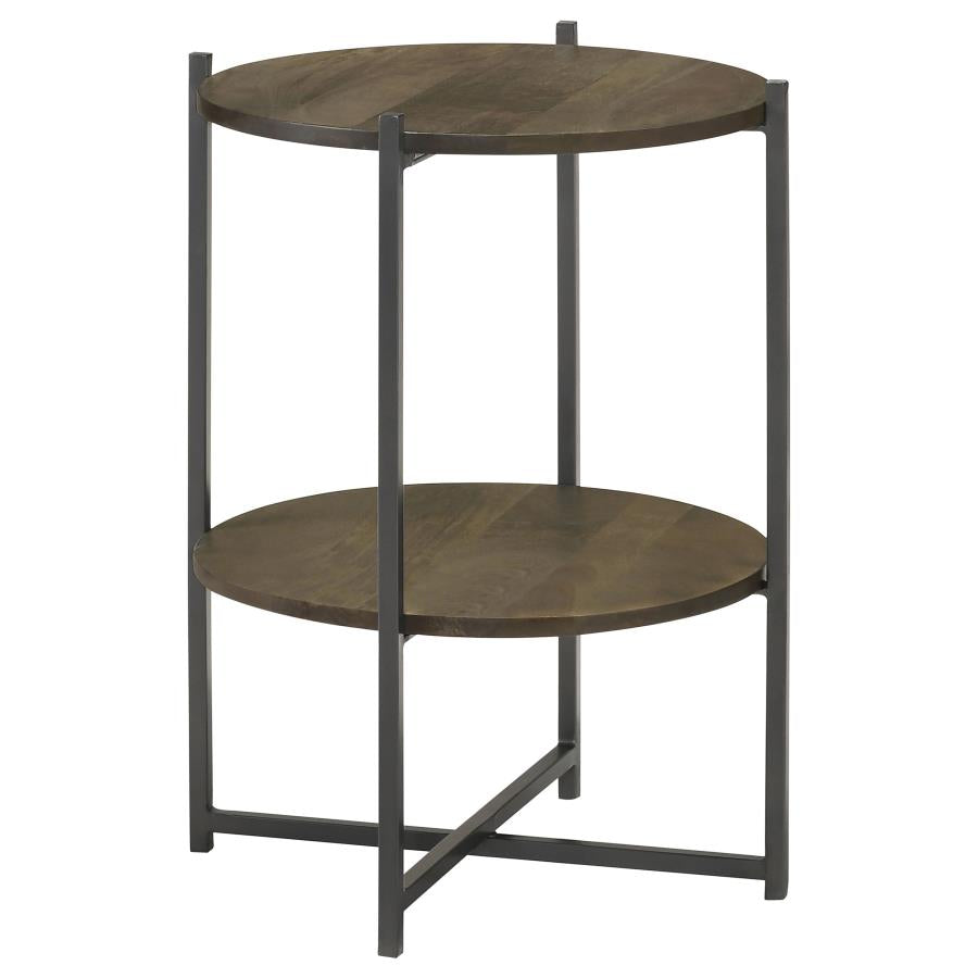 Home & Sleep Outlet - Axel Round Accent Table with Open Shelf Natural and Gunmetal