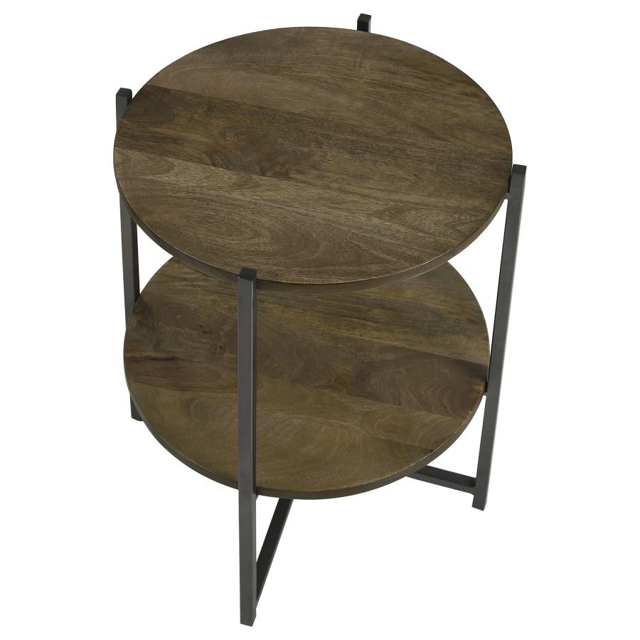 Home & Sleep Outlet - Axel Round Accent Table with Open Shelf Natural and Gunmetal
