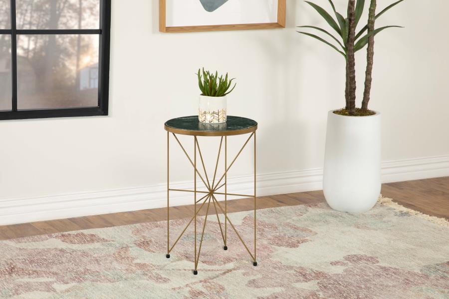 Home & Sleep Outlet - Eliska Round Green Marble Top Accent Side Table Antique Gold