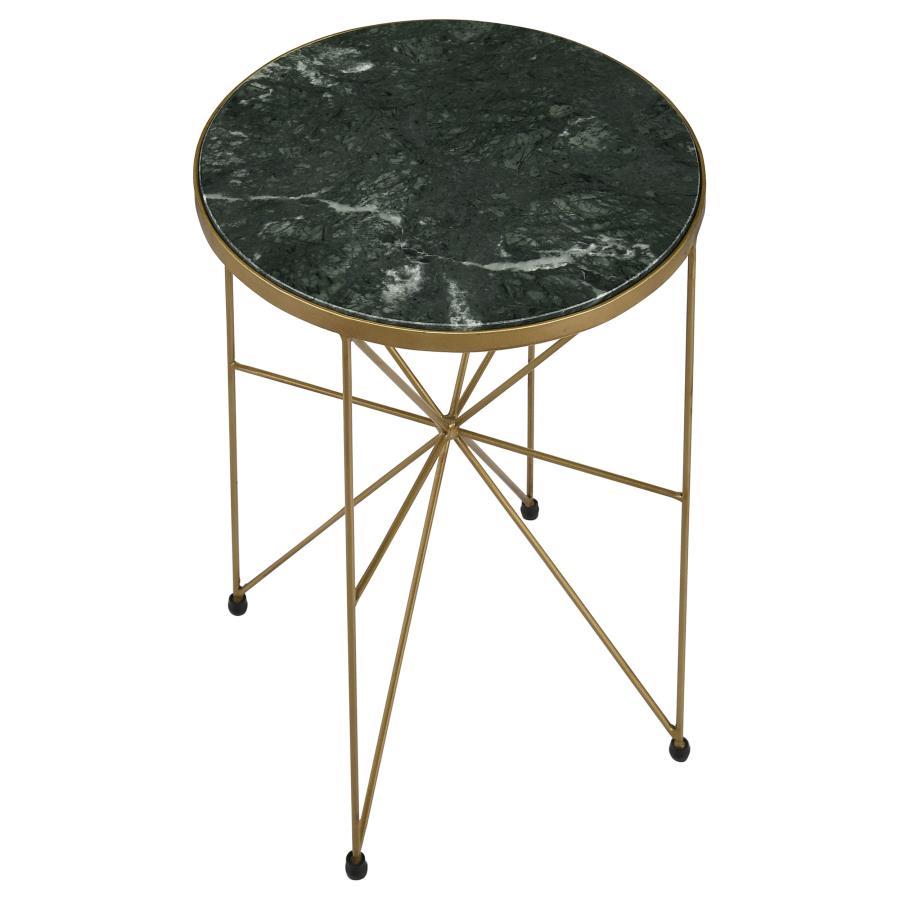 Home & Sleep Outlet - Eliska Round Green Marble Top Accent Side Table Antique Gold