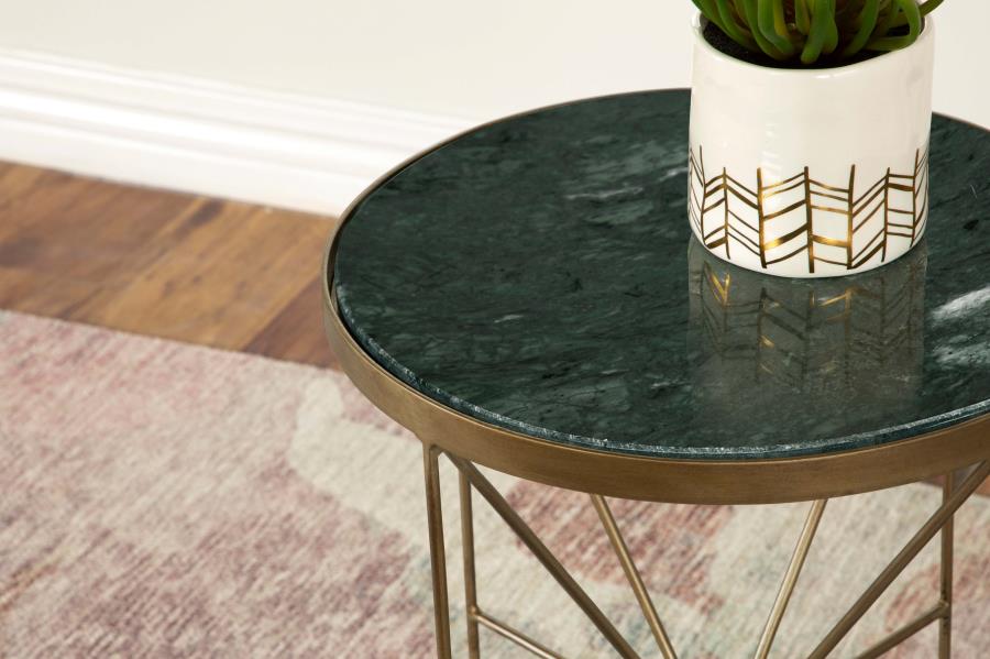 Home & Sleep Outlet - Eliska Round Green Marble Top Accent Side Table Antique Gold