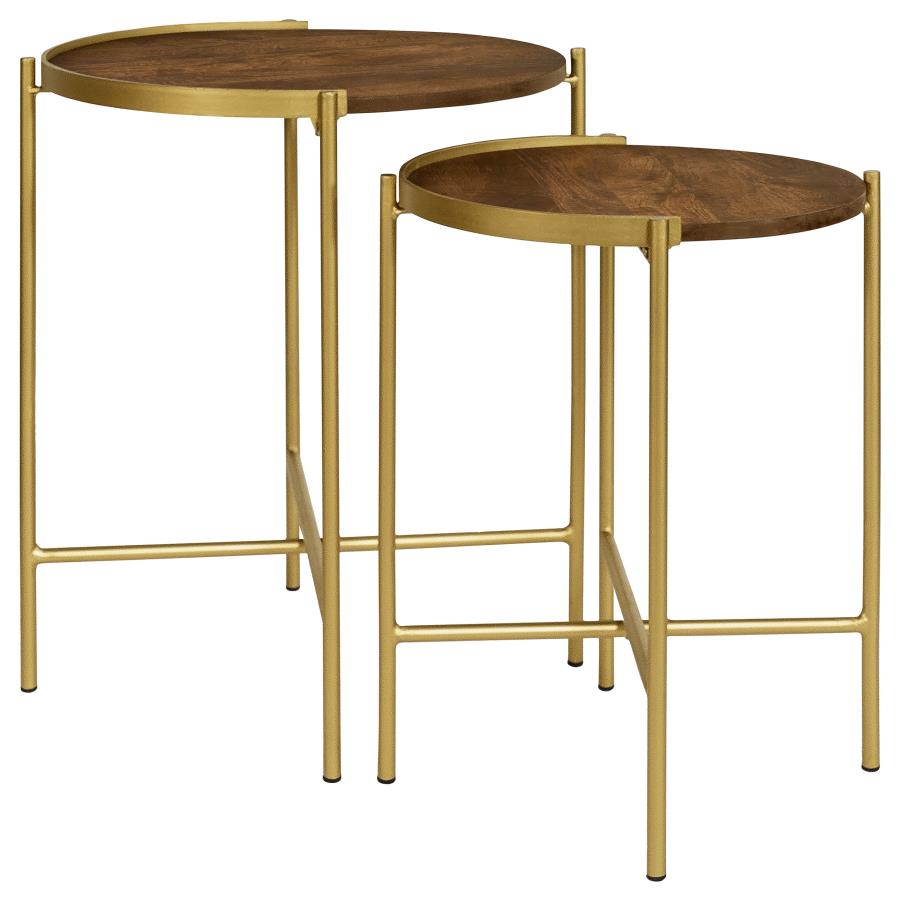Home & Sleep Outlet - Malka 2-piece Round Wood Nesting Table Dark Brown and Gold