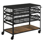 Black metal kitchen cart with mesh shelves, wooden lower shelf, and casters on white background.