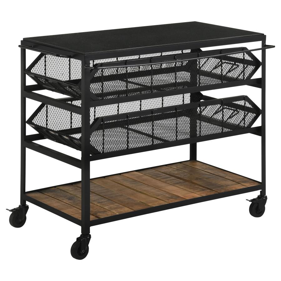 Black metal kitchen cart with mesh shelves, wooden lower shelf, and casters on white background.