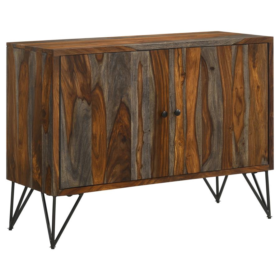 Macon 2-door storage cabinet with grey and brown wood veneer, metal hairpin legs, two knobs on front doors.