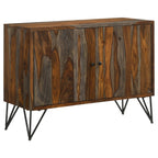 Macon 2-door storage cabinet with grey and brown wood veneer, metal hairpin legs, two knobs on front doors.