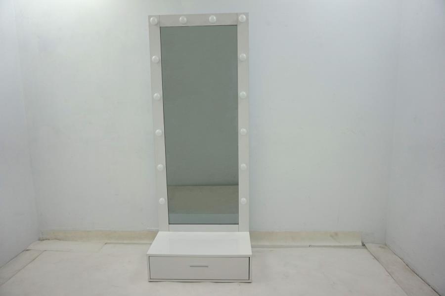White high-gloss floor mirror with integrated LED lights around frame and matching storage drawer base.