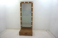Tall wooden floor mirror with warm mango wood frame, integrated LED lights around edges, and bottom storage drawer.