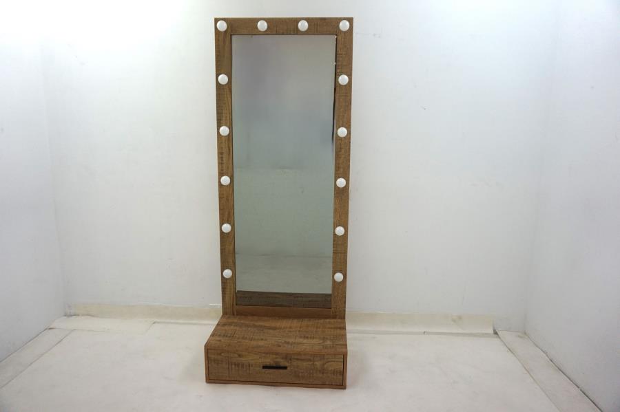 Tall wooden floor mirror with warm mango wood frame, integrated LED lights around edges, and bottom storage drawer.