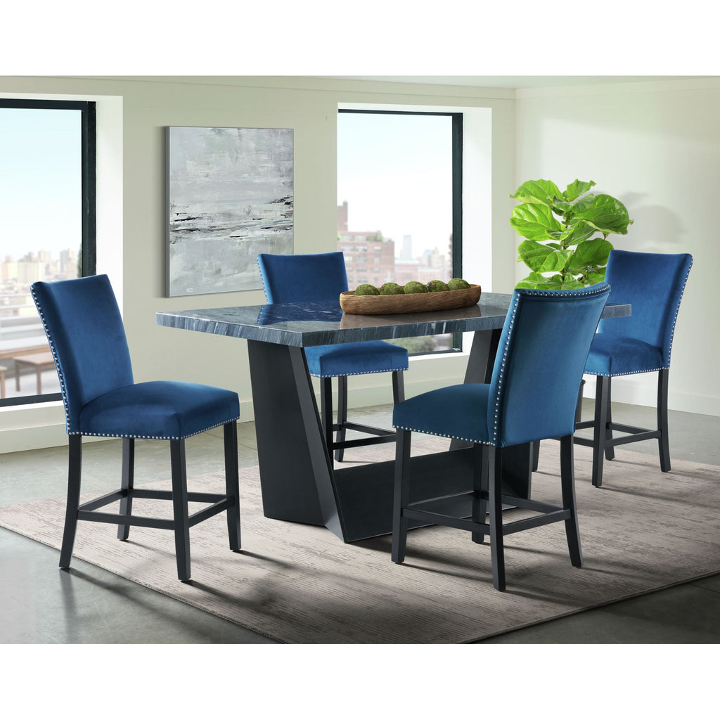 Beckley-5PC-Counter-Height-Dining-Set-in-Dark---Table-&-Four-Blue-Counter-Velvet-Chairs