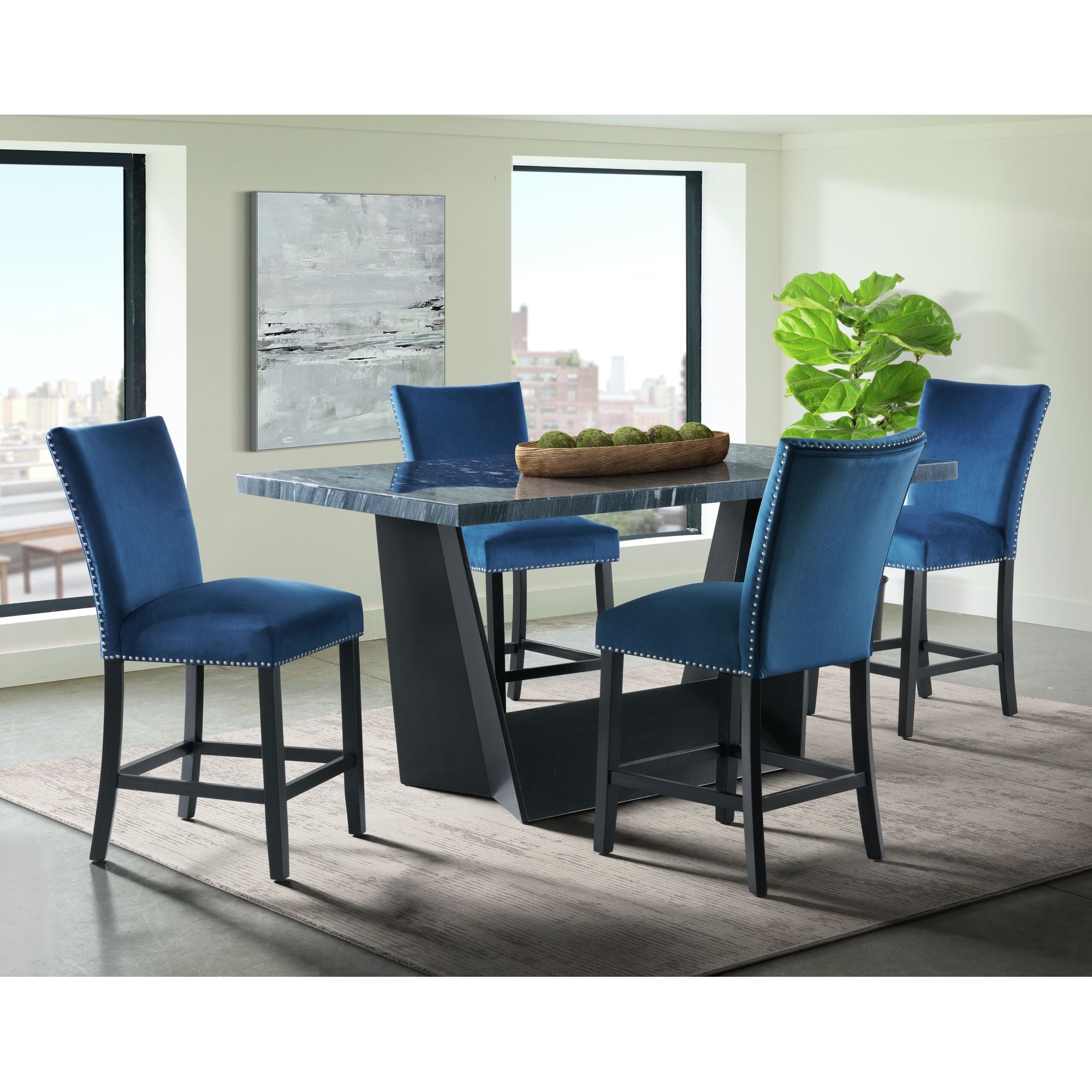 Beckley-5PC-Counter-Height-Dining-Set-in-Dark---Table-&-Four-Blue-Counter-Velvet-Chairs