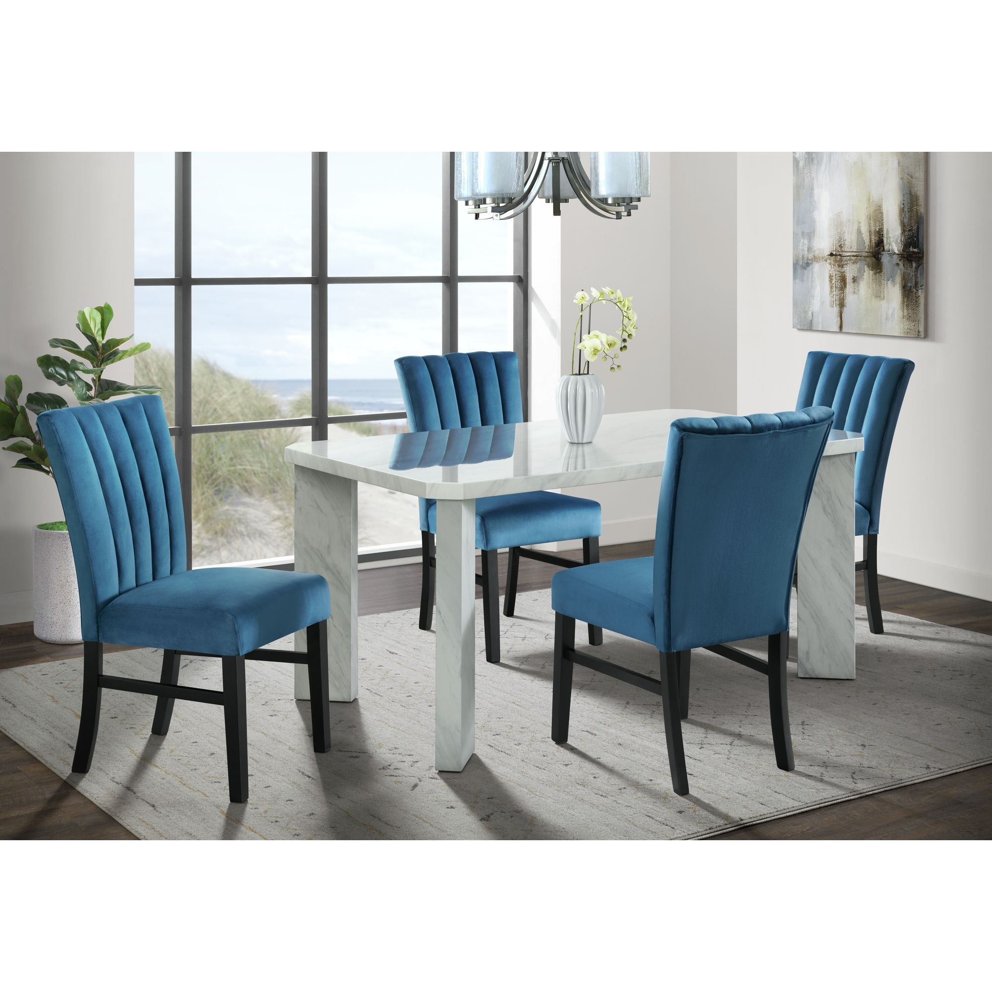 Bellini-5PC-Dining-Set-in-White-Rectangle-Table-&-Four-Navy-Blue-Velvet-Chairs