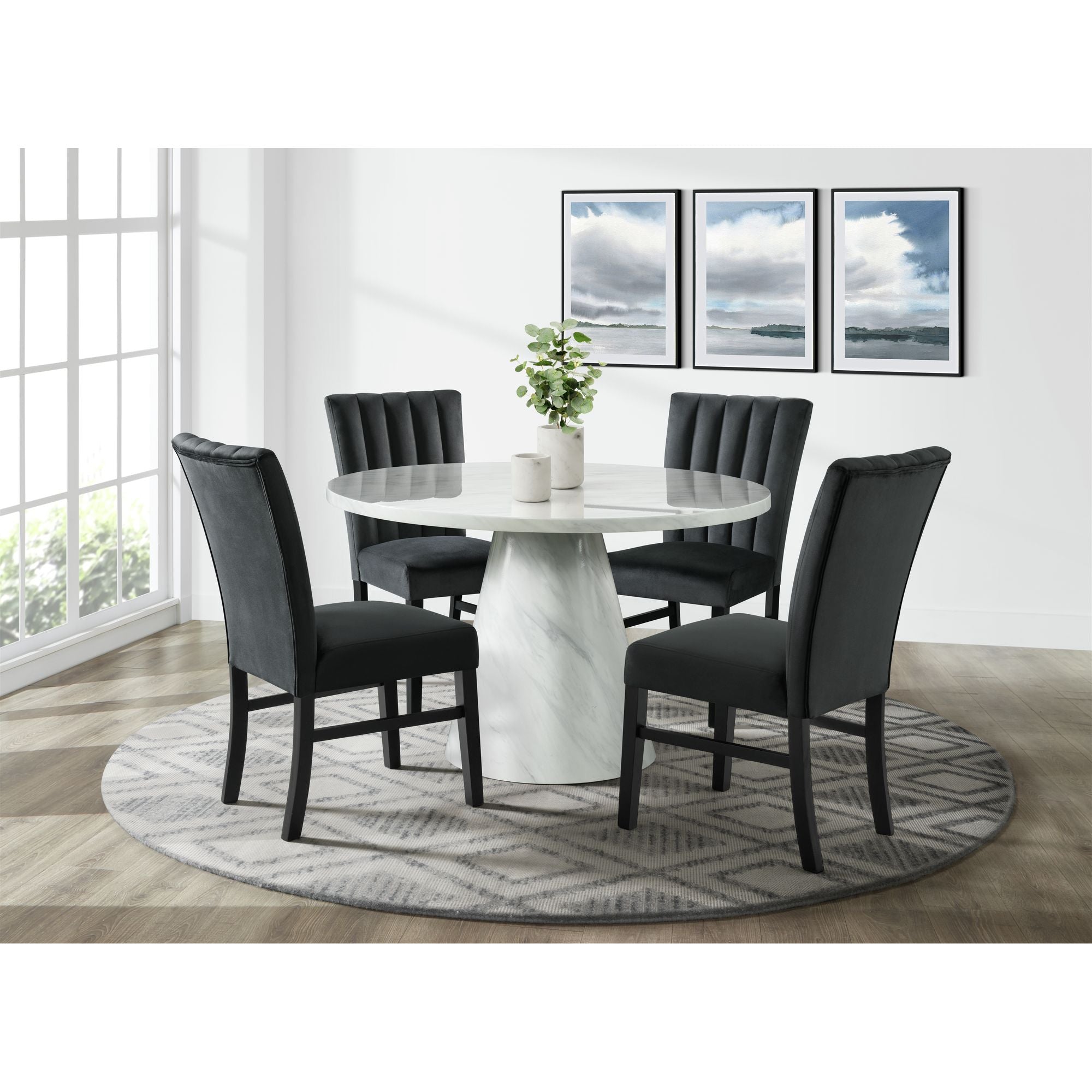 Bellini-5PC-Dining-Set-in-White-Round-Table-&-Four-Black-Velvet-Chairs