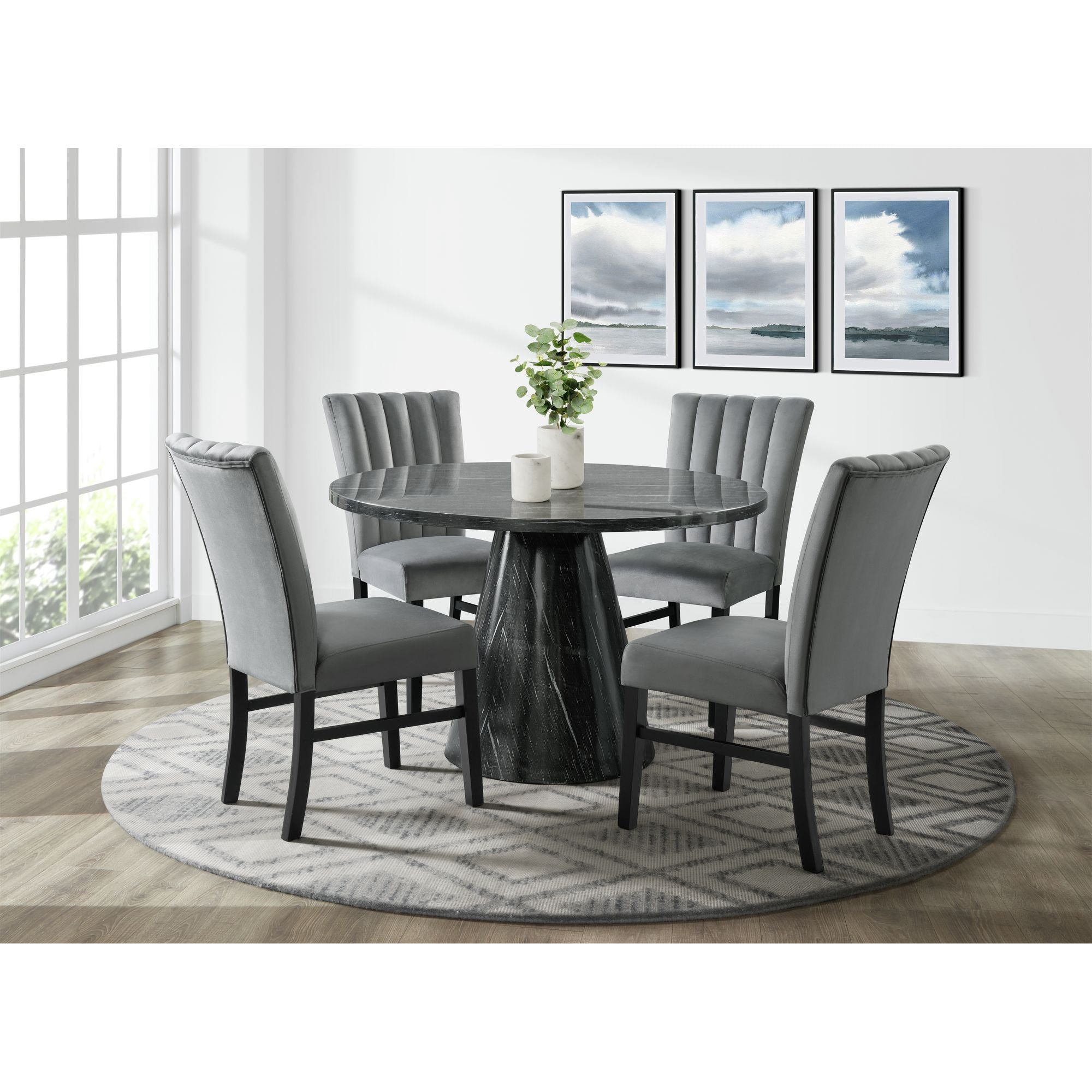 Bellini-5PC-Dining-Set-in-Grey-Round-Table-&-Four-Grey-Velvet-Chairs