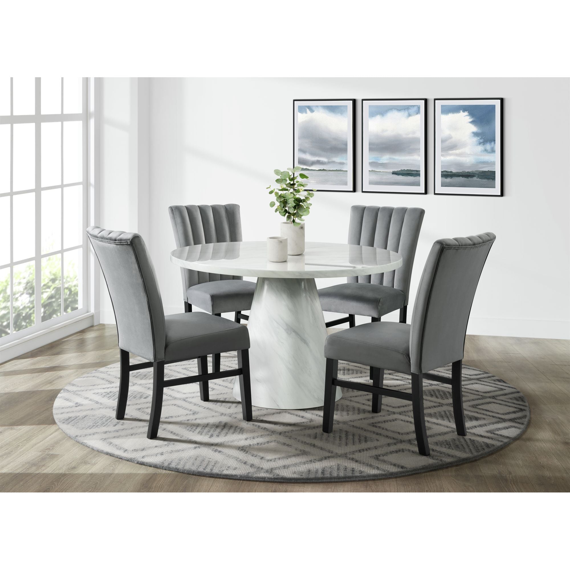Bellini-5PC-Dining-Set-in-White-Round-Table-&-Four-Grey-Velvet-Chairs