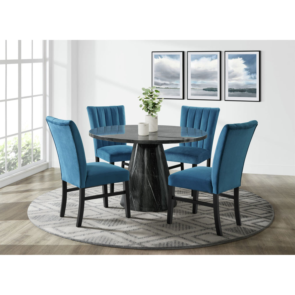 Bellini-5PC-Dining-Set-in-Grey-Round-Table-&-Four-Navy-Blue-Velvet-Chairs