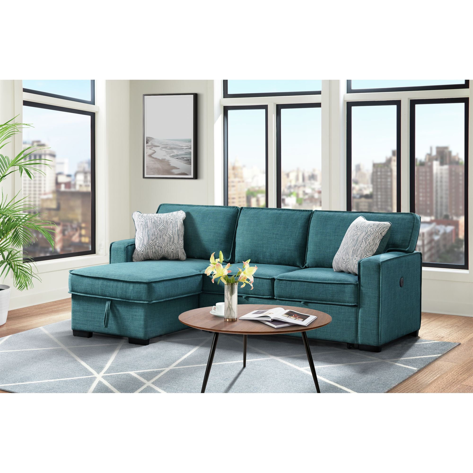 Caracas-Sectional-Sleeper-Chofa-with-Pull-Bed,-Drop-Table-&-USB-in-Palmer-Teal